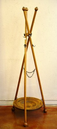 CIVIL WAR ERA COAT & SWORD RACK:: of tripod form, the three columnar supports having ball finials with decorative brass caps and hooks joined at center by brass chains and at base by a carved wood plate. Overall good stable condition 