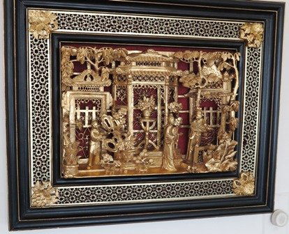 ANTIQUE ORIENTAL WALL PLAQUE:: Antique carved gilt wood Oriental wall plaque, framed. Measures: 22" W x 18" H