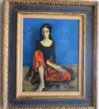 SOYER, MOSES (1899-1974, AMERICAN):: Oil on canvas depicting a seated young girl. Signed middle right M Soyer. In a carved gilt frame. Measures: 18" H x 14" L.