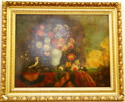 CONTINENTAL SCHOOL (19TH CENTURY):: 19th century, Still Life with Vase and Flowers, oil on canvas, depicting a Chinese porcelain blue and white vase with multicolored flowers. 35 1/2 x 28 1/2 inches. Overall stable condition with yellow