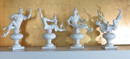 SPADINI, ANDREA (ITALIAN/ AMERICAN 1912-1983):: Rare group of four ceramic figures, each modeled in the form of a juggler in varying poses. White with pink highlights. Signed Spadini on base. Each measures 9 1/2"H Note: Restorations, minor losses t