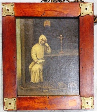 19TH CENTURY OIL ON CANVAS:: Depicting the last rites. Measures 7"H x 9"W.