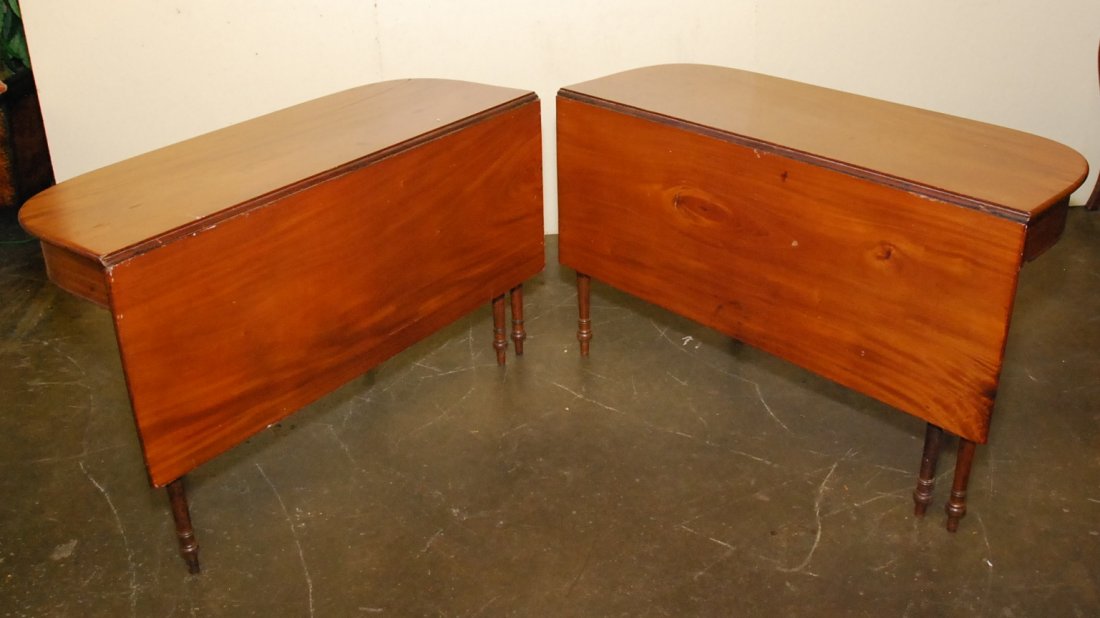 PAIR OF DROP LEAF TABLES: one in stable condition, one top crack 29"H X 18"D X 47"L with leaf 36"D
