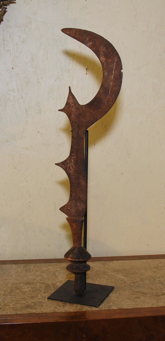 NGOMBE CHIEFTAN'S CEREMONIAL BEHEADING AXE: symbol of power, engrave details 35"H