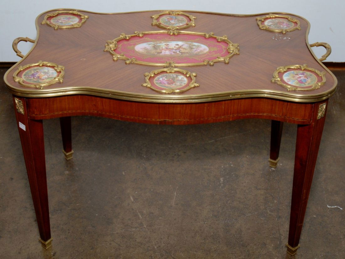 FRENCH 20TH CENTURY RECTANGULAR COFFEE TABLE: with painted plaques possibly Sevres 20"H, 29" x 19" top