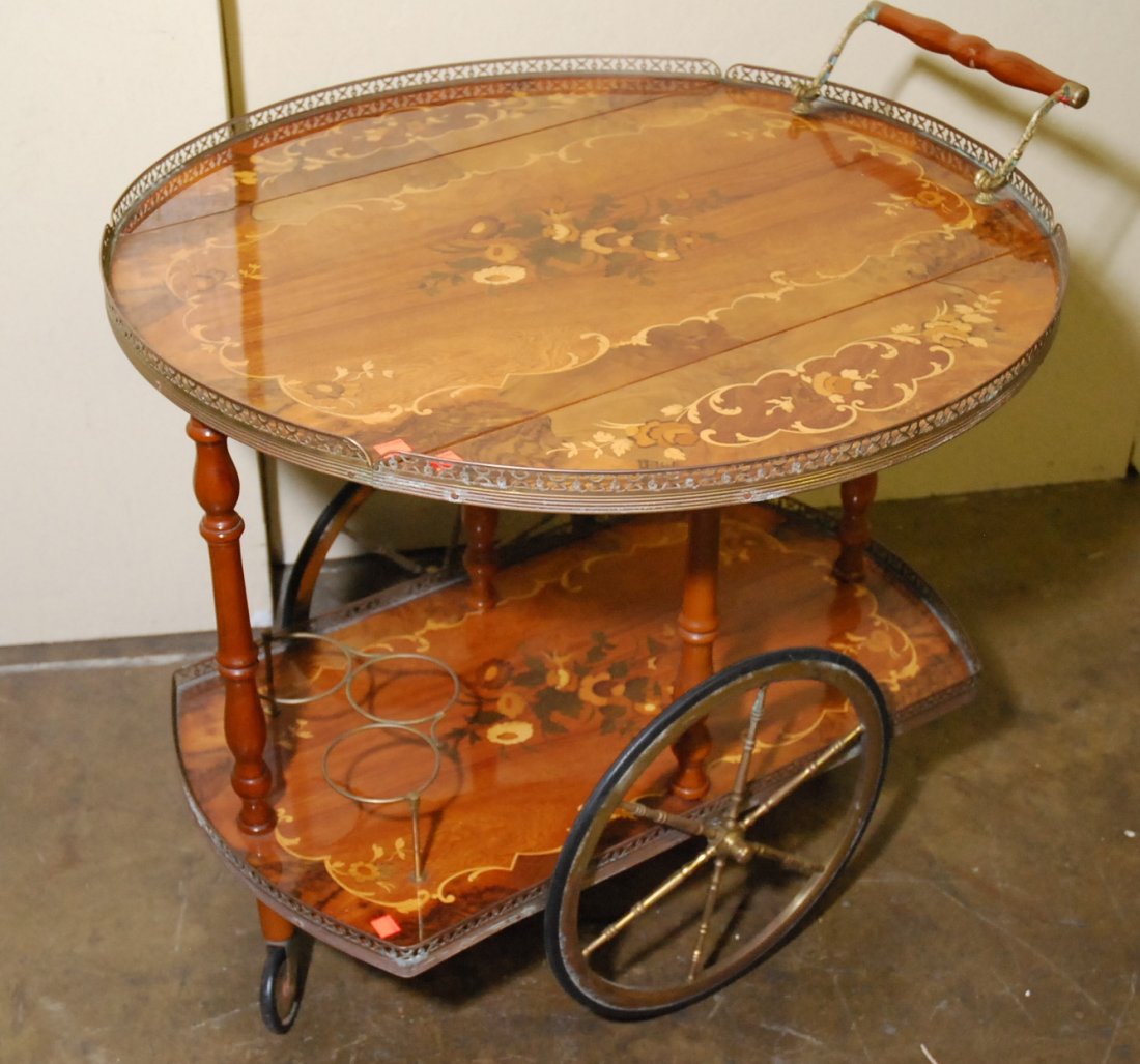 TEA CART INLAID MARQUETRY: with drop leaves, 2 tier 27"H, 29.5" x 26.75" gallery top