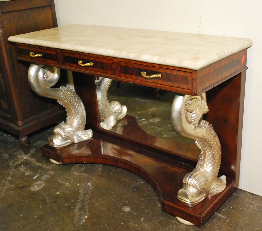 PIER TABLE WITH FISH MOTIF, FAUX MARBLE TOP: with beveled mirror below marble top 32.5"H x 49.5"W x 18.5"D