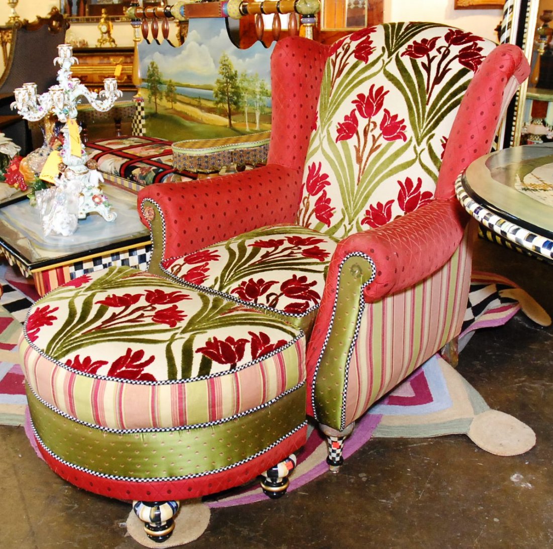 MACKENZIE CHILDS ARMCHAIR & OTTOMAN: Red floral motif. 43"H X 34"W