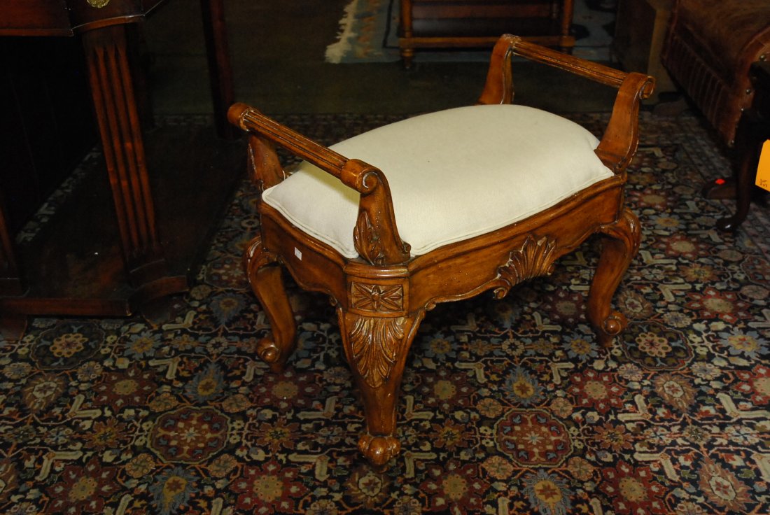 CARVED WOOD WINDOW SEAT: With fluted arms. 24.5"H X 28"W X 15"D