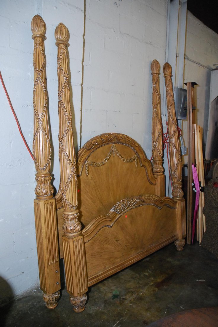FOUR POSTER BED: Fluted and decorated posts headboard, footboard and rails. 91"H X 67.5"W