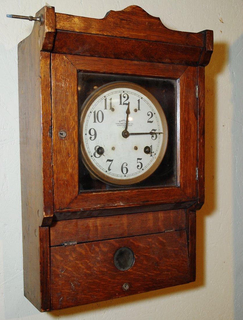 SIMPLEX TIME RECORDER CO. WOOD PENDULUM CLOCK:: 23” x 14.5”