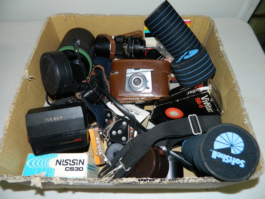 GROUP OF CAMERAS, LENS, AND RELATED:: Box lot - Polaroid 660, Kodak Pony 135, Minolta Lenses