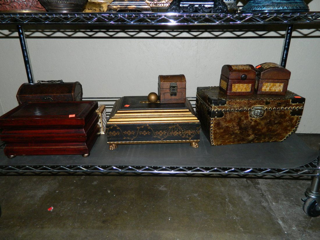 SHELF LOT OF DECORATIVE BOXES:: SHELF LOT OF DECORATIVE BOXES: