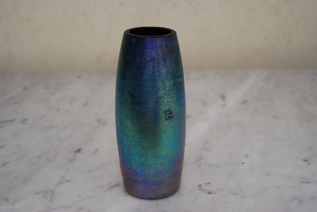 LOETZ STYLE VASE IN IRIDESCENT BLUE: Iridescent blue vase signed Loetz on vase. Excellent condition. Note this could be a reproduction. Please look closely as we are not experts in Glass. 5.75" H