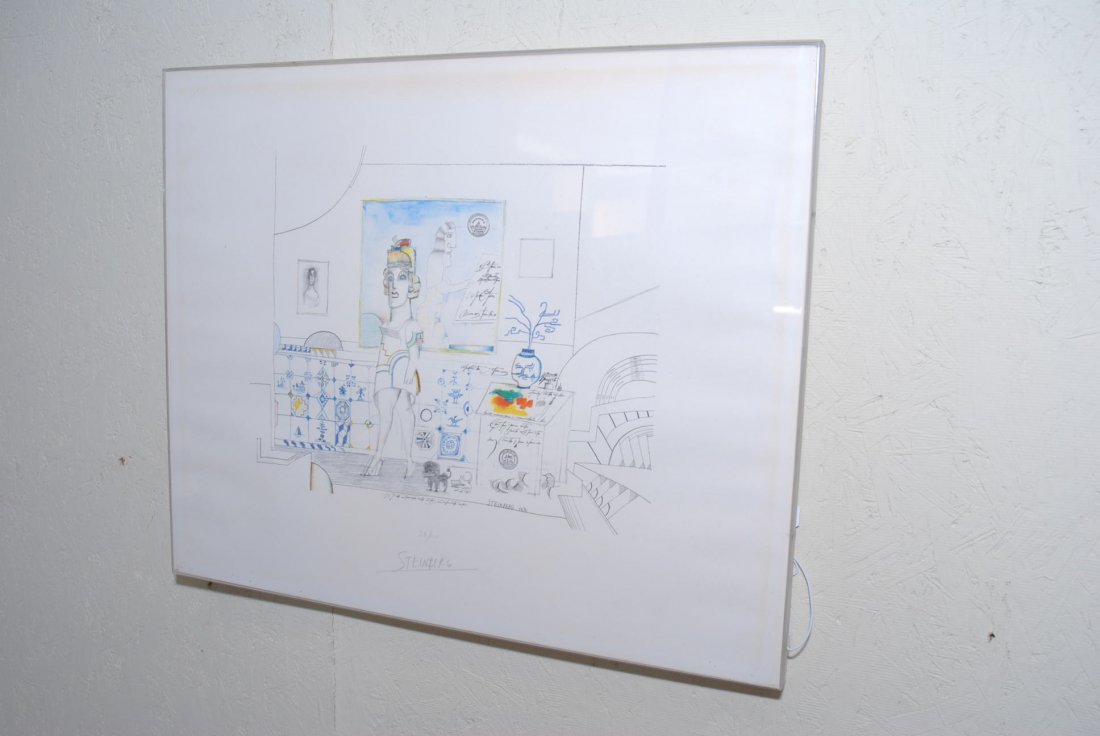 SAUL STEINBERG SIGNED LIMITED EDITION PRINT: Saul Steinberg (1914-1991) US. Print. Pencil signed Steinberg and numbered 56/100. Framed in an acrylic frame. Overall: 20.5" H X 24.6" W