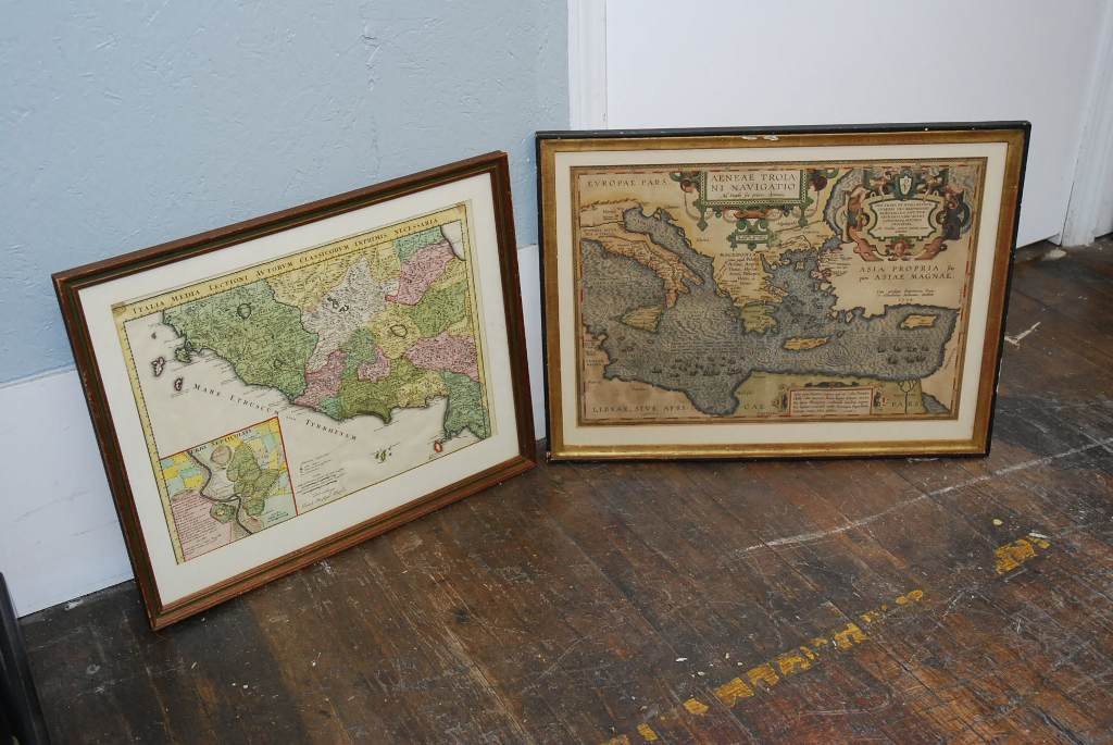PAIR MAPS: ORTELIUS AENEAE TROIANI NAVIGATIO 1609: Abraham Ortelius map published Antwerp 1609. Hand Colored. Closson Cincinnati label verso. Framed Overall: 17.1" H X 22.6" W Map area13.5" H X 19.5" W Note: Not examined out of frame Christoph Weigel