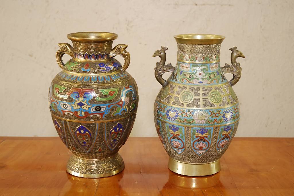PAIR BRONZE CHAMPLEVE VASES: Two compatible With phoenix bird handles. Each 12" H Note: One slightly dented
