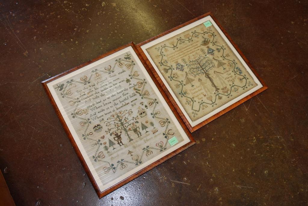 PAIR 19TH CENTURY FRAMED SAMPLERS: Pair of 19th century signed and dated samplers Overall: 16.75" H X 15.25" W and 19.1" H X 15.75" W