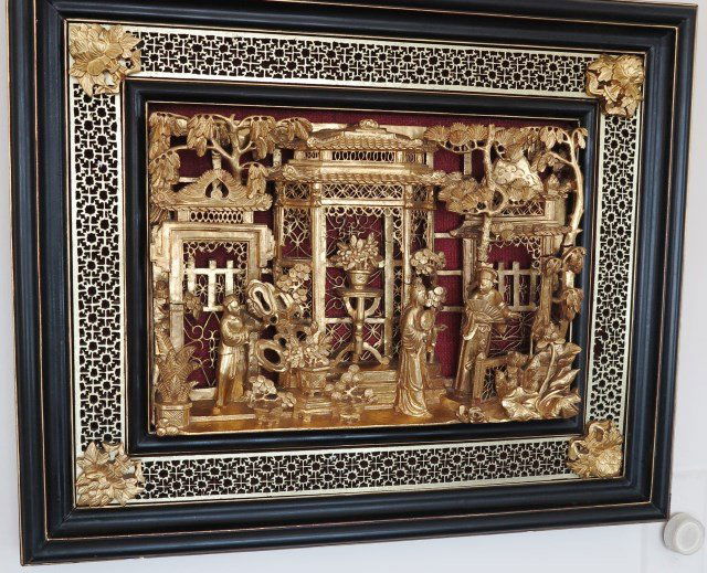 ANTIQUE ORIENTAL WALL PLAQUE:: Antique carved gilt wood Oriental wall plaque, framed. Measures: 22" W x 18" H