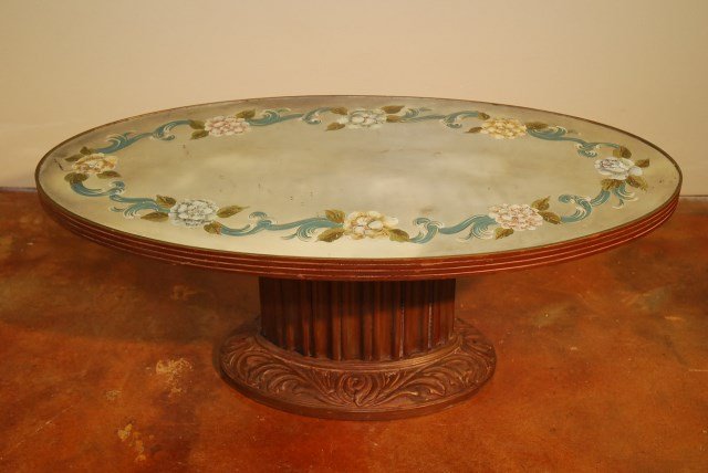 OVAL LOW TABLE PAINTED MIRROR TOP: On wood base