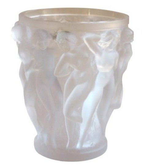 LALIQUE BACCHANTES CHAMPAGNE BUCKET: Frosted crystal with relief female figures Engraved Lalique France and has Lalique paper label. 9 5/8" H. Rim Diameter 7 3/8". Base 5 1/4" Diameter Note: a few minor rub marks. No chips or cracks