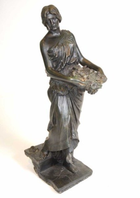 PASQUALE FOSCA (ITALIAN,1858-1952) BRONZE: Bronze of a girl with basket of flowers. Signed P Fosca and titled Fonderia Napoli 1882. Dark green brown patins. Good condition. 25 1/2" H X 8"W X 10"D