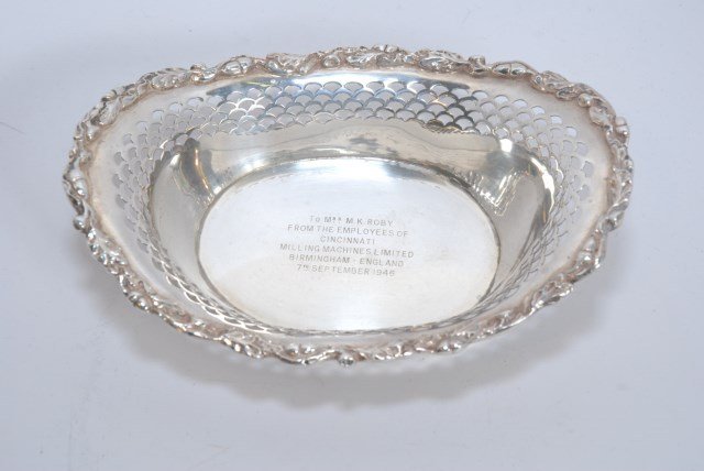 ENGLISH STERLING SILVER RETICULATED DISH: English sterling dish with engraving, Marks for sterling, N.M in a crown, 1894 date (T in a shield), Shield mark. 5.65 Troy Oz. 2"H X 6 3/4" X 4 3/4"