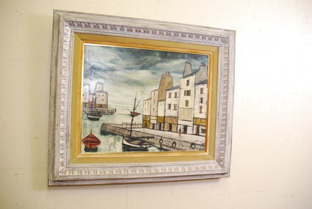 CHARLES LEVIER (19202004, French/American): Oil on canvas depicting a dock scene. Signed lower right Levier. Measures: 2.75" H X 32" L.