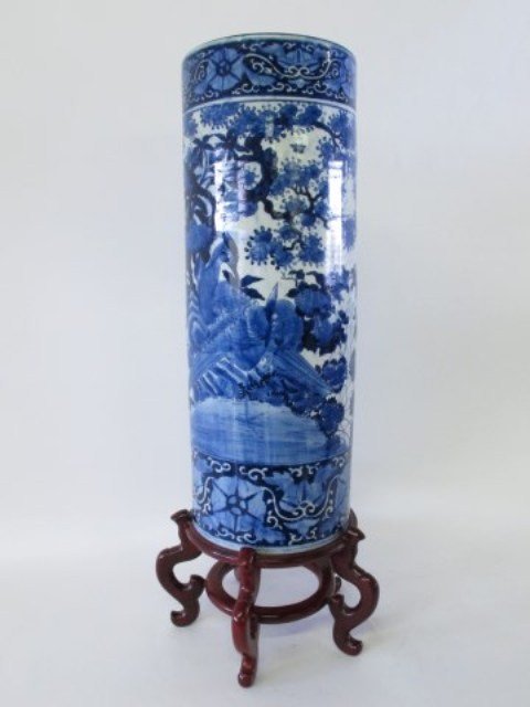 WHITE & BLUE POTTERY UMBRELLA STAND: England Provenance: From a prestigious Buckhead residence.