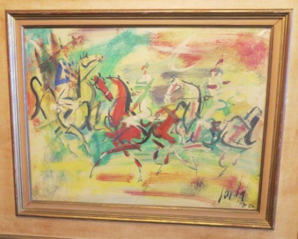 GEN PAUL OIL ON CANVAS:: Depicting three impressionistic horses with riders. Signed lower right and dated 1950. Measures: 19¾" H x 25½" L.