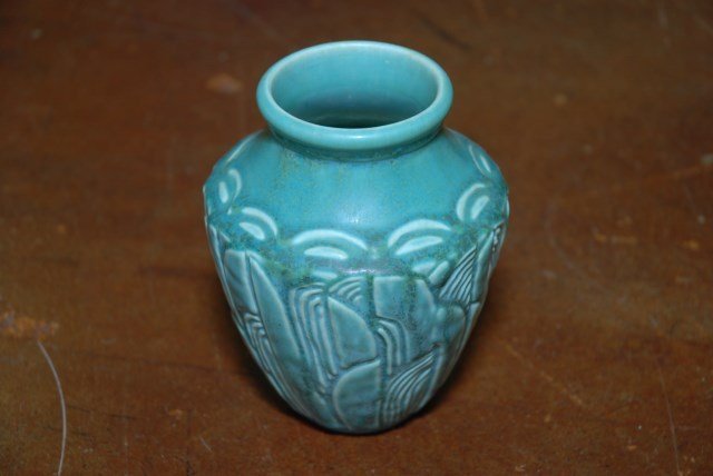 ROOKWOOD VASE: Green Arts and Crafts vase marked with Rookwood mark, XXXI and S237?. 5 1/2" H. Good condition.