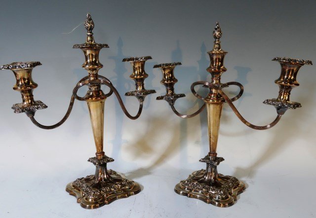 PAIR OF FINE SILVER PLATE CANDELABRAS: Pair of well detailed antique silver plate candelabras with two arms and three candle holders and includes two finial/candle snuffers. No Marks and heavily weighted. 14 3/4" H to top of finial. 12 1/2