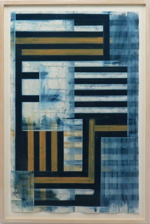 BIEDERMAN, JAMES MARK (b. 1947, American): Pastel on paper. Untitled. Depicting an abstract composition executed in blue, brown and white tones. Signed lower right in pencil Biederman and dated 1987. Custom framed. Measures: 34½" H x 22W. PRO