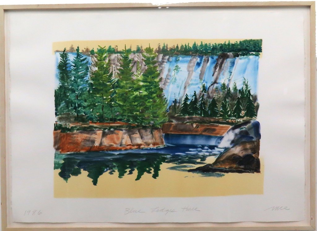 NICE, DON (b.1932, American): Monotype on white wove paper with full margins. Titled: "Blue Ledges, Three" in pencil lower middle. Signed lower right in pencil Nice and dated lower left 1986. Bears label on verso. Custom framed. M