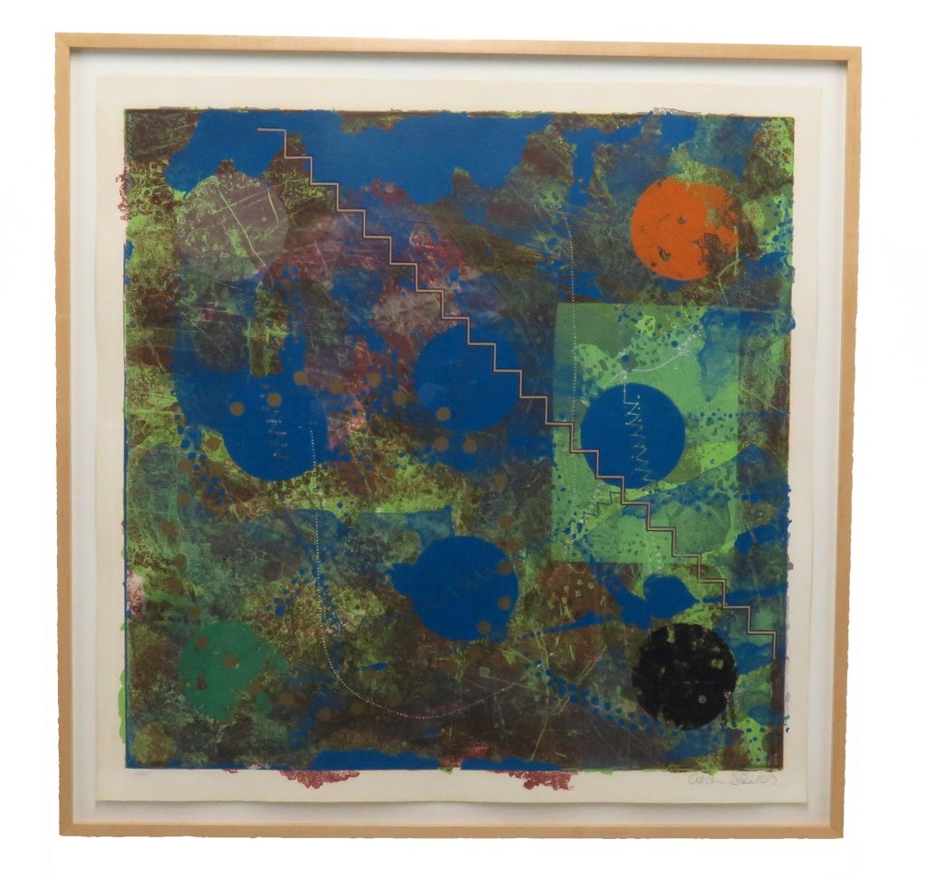 SHIELDS, ALAN (b. 1944, American): Colored lithograph on paper with full margins. Depicting a geometric abstract composition Executed in green, blue and orange tones. Signed lower right in pencil Alan Shields. Numbered 15/44 lower left