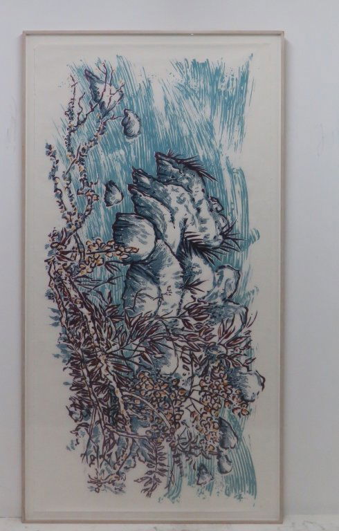 DAVIS, BRAD DARIUS (b. 1942, American): Woodcut, silkscreen and pochoir on paper. Titled: "Long Branch". Signed lower right in pencil Brad Davis and dated 1983. Numbered 23/40. Bears label on verso. Custom framed. Measures: 36" H x 72" W PR