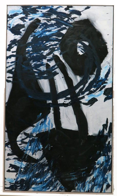 KATANO, MARC (b. 1952, Japanese/American): Oil on canvas. Depicting an abstract composition executed in blue, black and white tones. Titled: "Los Ninos" on verso. Initialed on verso MK and dated '86. Custom framed. Measures: 46" H x 75" W. PRO