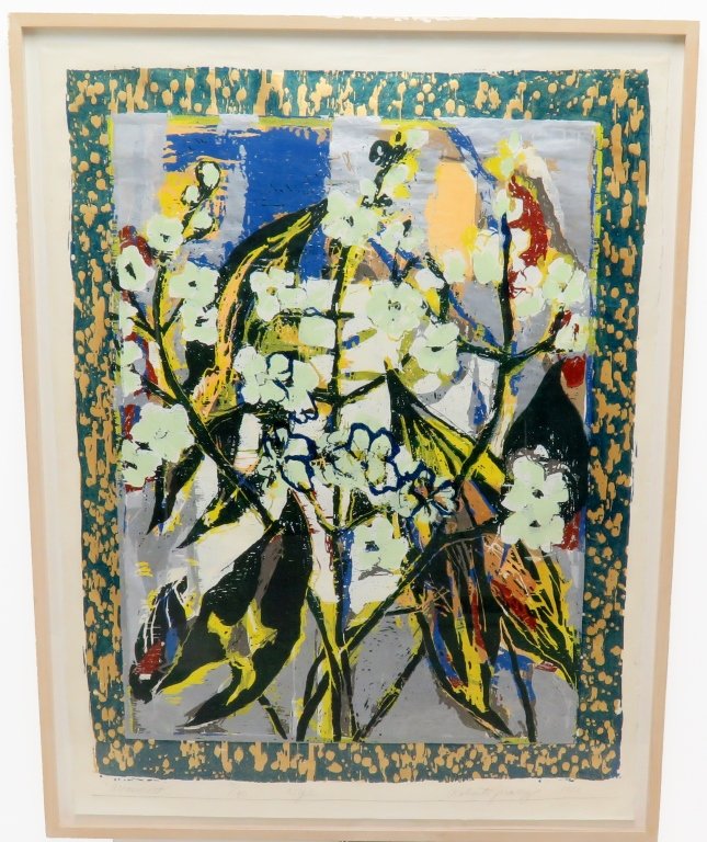 JUAREZ, ROBERTO (b. 1952, American): Colored woodcut on paper. Titled:" Arrowroot" lower left in pencil. Signed lower right Roberto Juarez and dated 1986 and numbered 8/40, NYC lower middle. Bears label on verso. Custom framed. Measures: