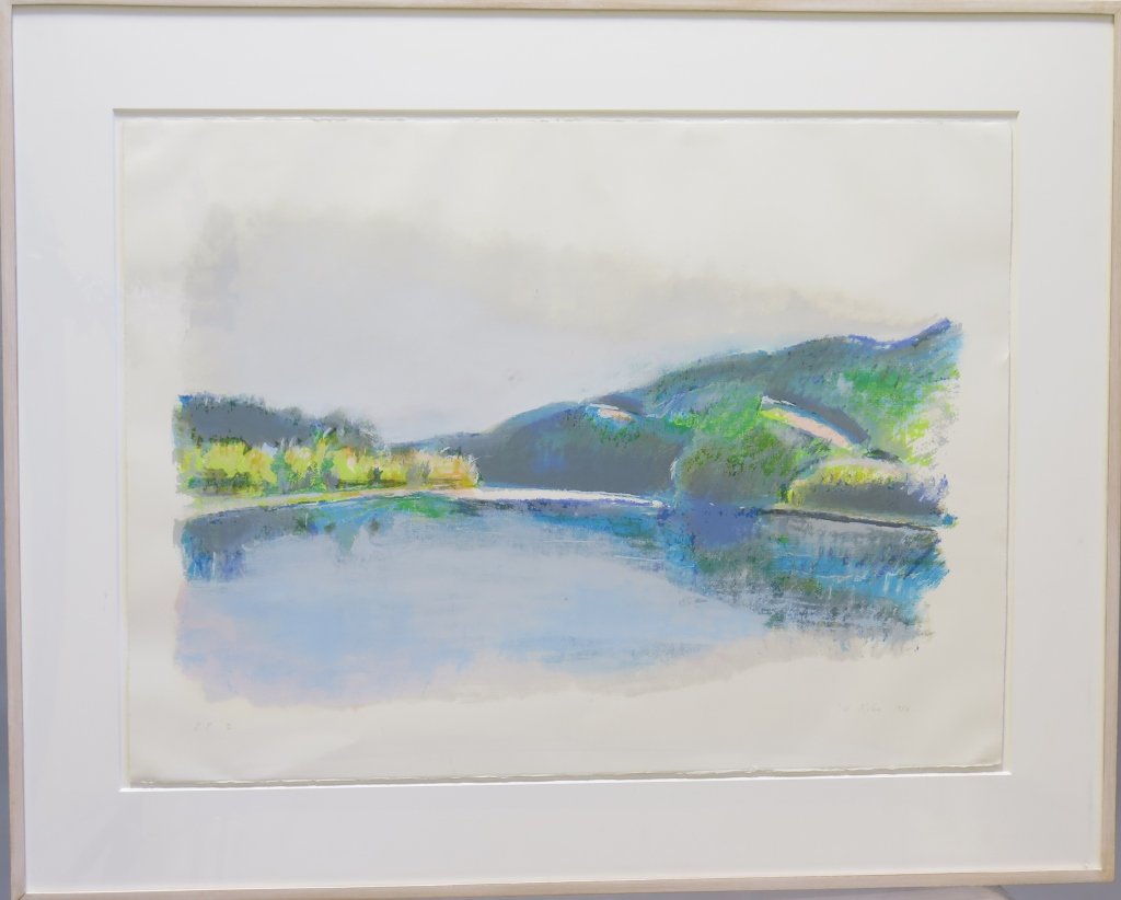 KAHN, WOLF (b.1927, American): Colored lithograph on paper. Untitled. Depicting a landscape executed in blue, green, and yellow tones. Signed lower right in pencil W. Kahn and dated 1984. Pencil marked PP2 lower left. Bears label o