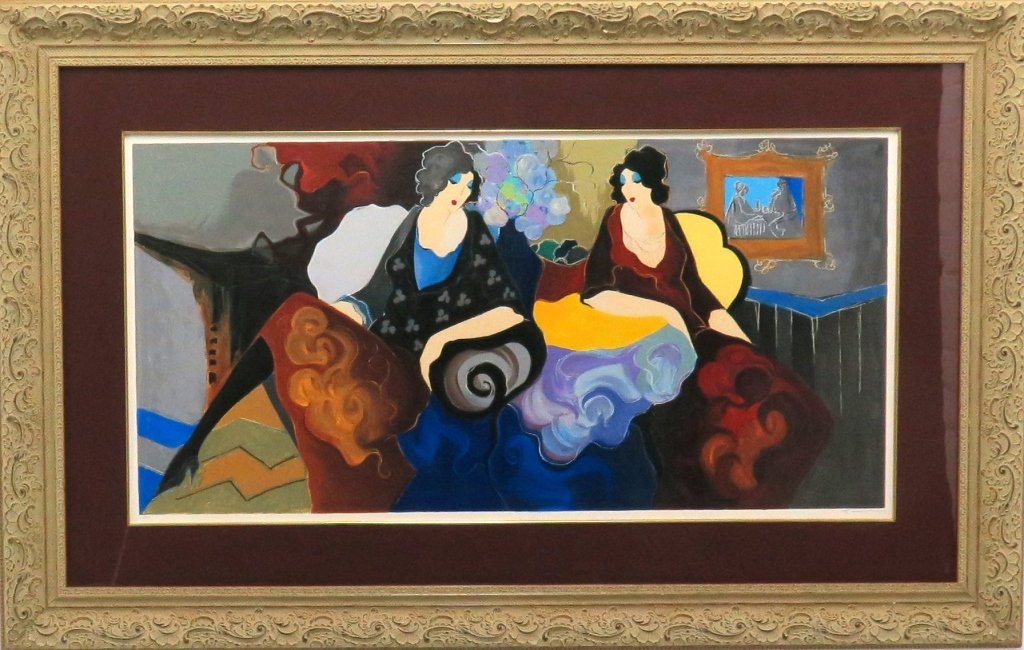 TARKAY, ITZCHAK (1935-2012, Yugoslavian/Hungarian): Colored serigraph on paper. Depicting two women seated at a table with a vase of flowers. Pencil signed lower right Tarkay. Numbered 216/350 lower left. Custom framed. (no label) Measures: 21¼" H x 4