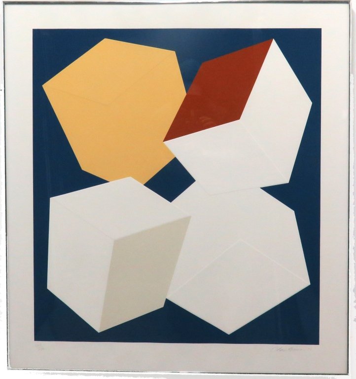 HINMAN, CHARLES B (b.1932, American): Embossed colored silkscreen on paper. Untitled. Depicting a geometric abstract composition. Pencil signed lower right Charles Hinman and dated '76. Numbered 97/100 lower left. Bears label on verso. Cu