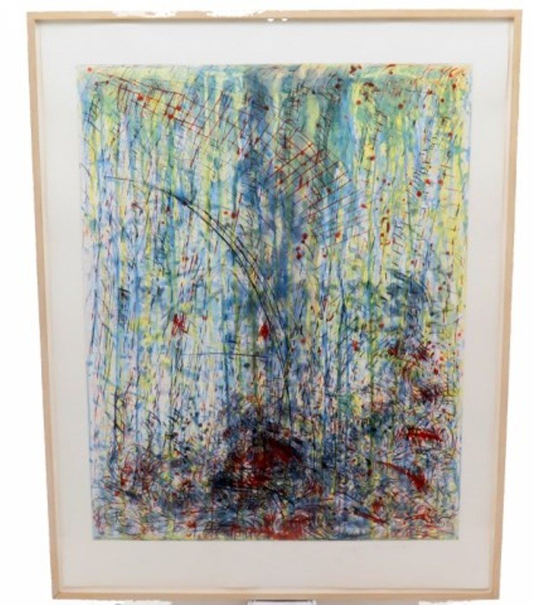 STEIR, PAT (b. 1940, American): Colored etching on paper. Titled: " Waterfall" in pencil lower right. Initialed in pencil lower right PS and dated '88. Edition of 50. Bears "Crown Point Press" blind stamp lower right. Custom framed.