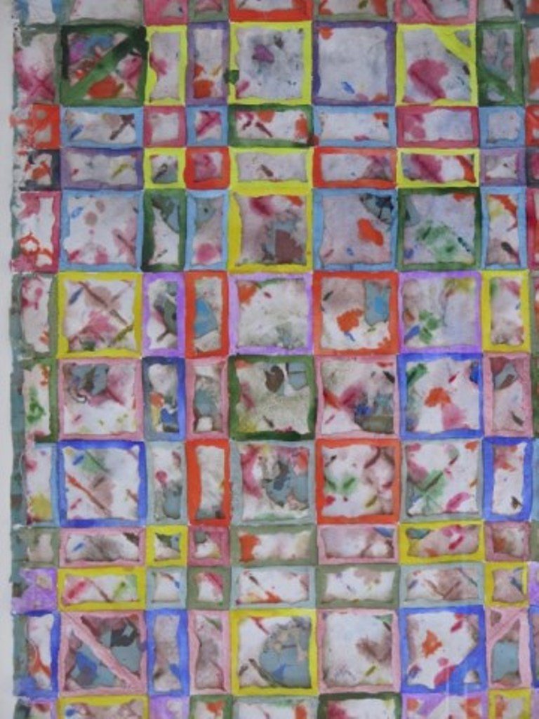 SHIELDS, ALAN (1944-2005, American): Mixed media on paper. Comprised of watercolor, thread and oil pastel. Titled: "Swing the Rounder Up". Unsigned. Dated 1985. Bears label on verso. Custom framed. Measures: 37" H x 27" W. Provenance: Pa