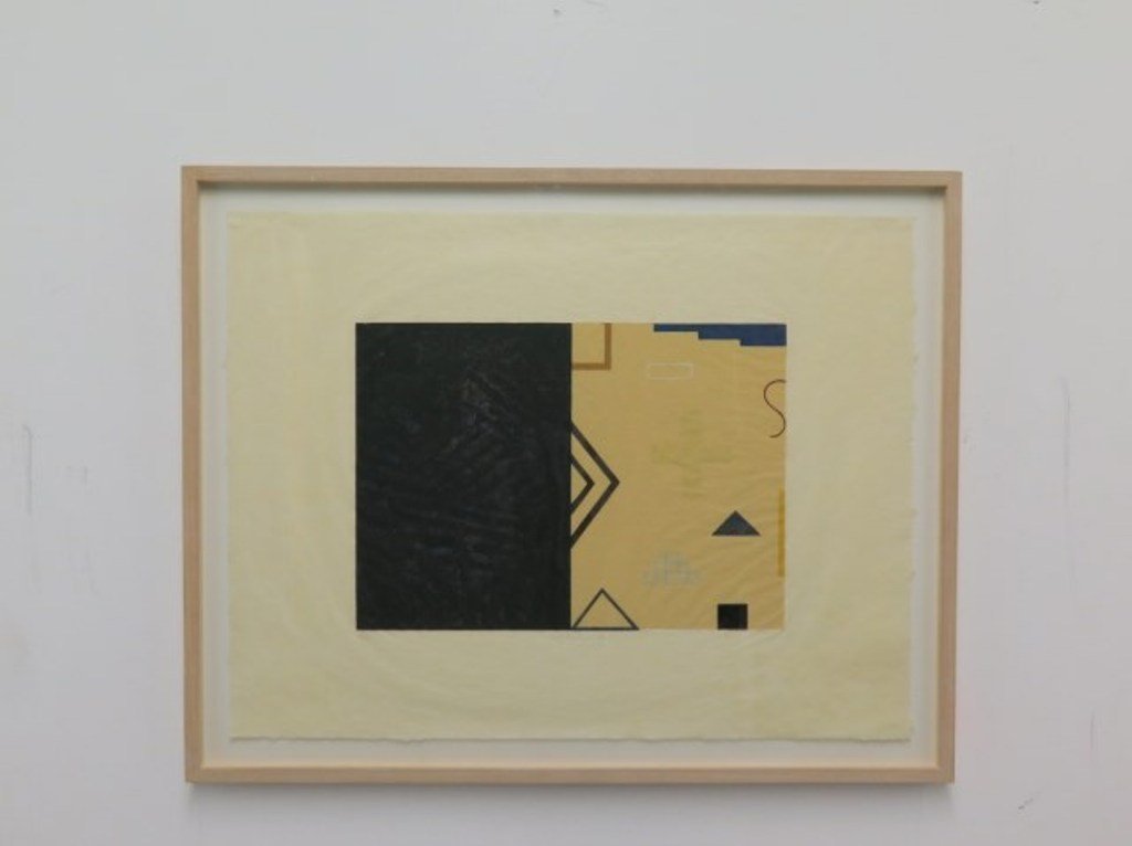 SHAPIRO, DAVID (b. 1944, American): Colored serigraph and etching on paper. Titled: "Burnham Wood Series III" in pencil lower right. Depicting a geometric abstract composition. Pencil signed lower middle David Shapiro and dated '81. Pen