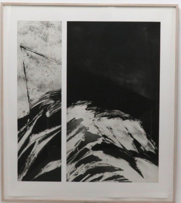 TRUE, DAVID (b. 1942, American): Black and white etching. Titled: "Day Without Words". Signed lower right in pencil David True and dated '85. Pencil numbered 1/10 lower right. Bears label on verso. Custom framed. Measures: 48¼" H x