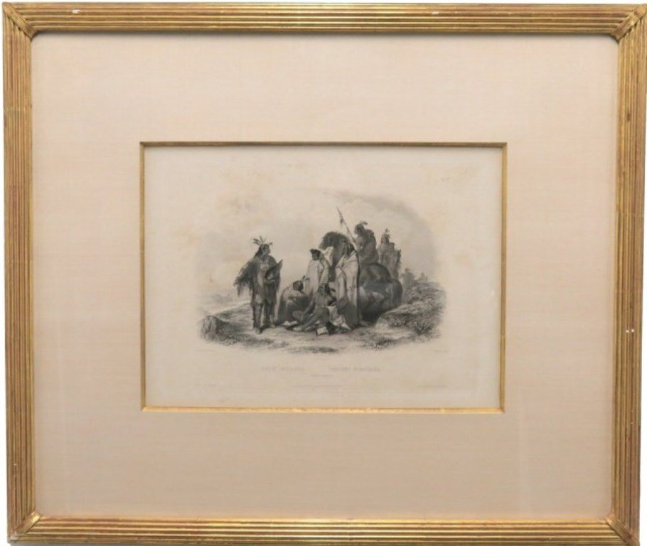BODMER, KARL (1809-1893): 19th Century black and white engraving. Titled: "Crow Indians" from Travels in the Interior of North America, printed 1839-1841. Published by Ackerman and Co, London. Bears label of verso. Custom fram