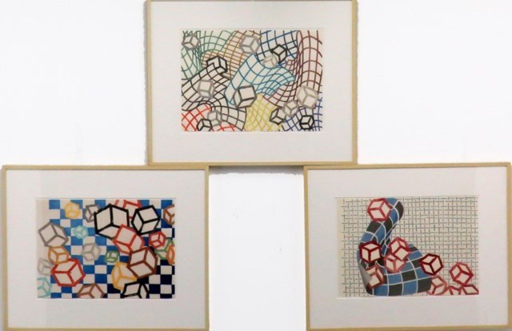 BOCHNER, MEL (b.1940, American): A series of five colored woodcuts on hosho paper. Titled: "Floating world" (Ukiyo-E). Each unsigned. 1990. Edition of 40. Each bears label on verso. Custom framed. Measures: 13¼" H x 18½" W, each PR