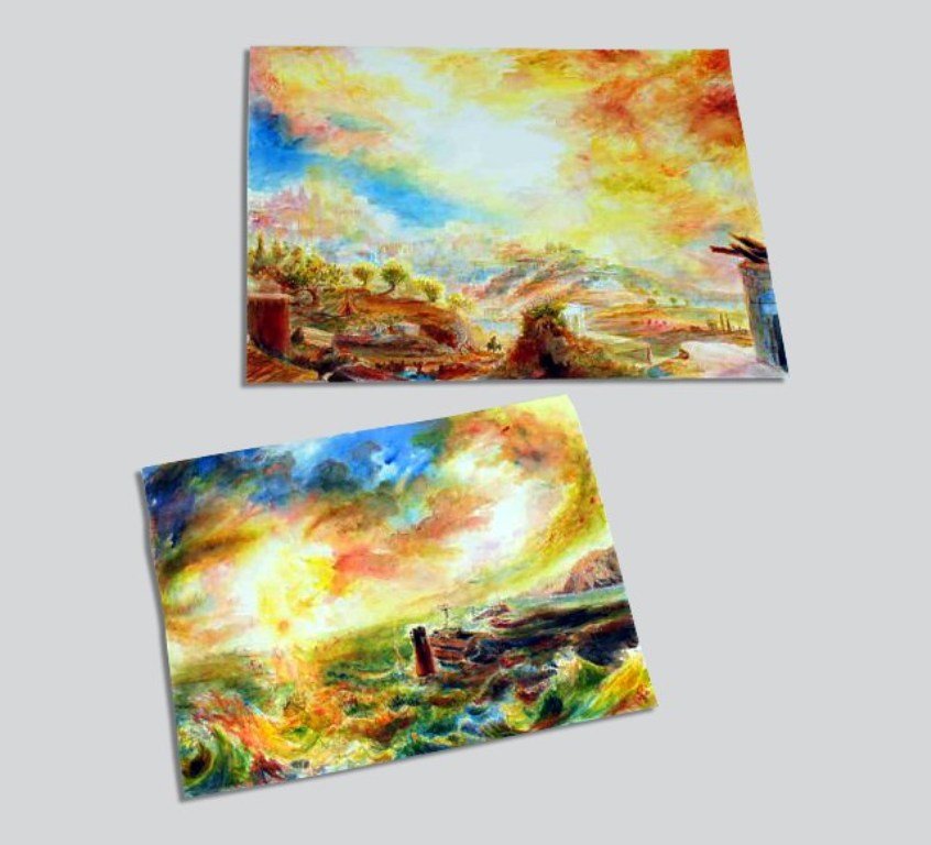 DAN FORD (AMERICAN, 20TH CENTURY): Two Watercolors, Untitled. Signed, Titled and Dated on the Reverse. Comprising a brightly colored watercolor depicting a ship sinking and a landscape situated in the Middle East having turbaned figure