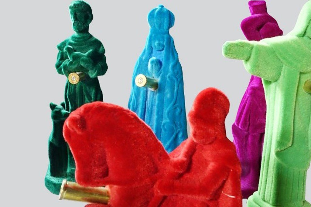 "BALA PERDIDA" NELSON LEIRNER (BRAZIL, b,1932): Twelve Religious Icons, No Date. Composite with Felt. Comprising twelve diminutive religious statues covered in colored felt with brass shell casings inserted into the objects. Height of tallest 8 1/2