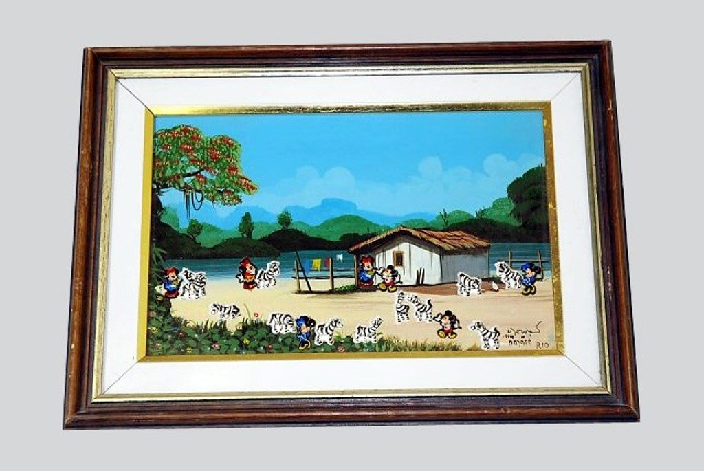 NELSON LEIRNER (BRAZIL, b. 1932): Untitled, No Date. Mixed Media, Signed Illegibly and Dated 1994 Lower Right. Depicting a painted landscape with applied plastic figures of Mickey and Minnie mouse. 12 3/4 x 17 1/4 inches. Overall good